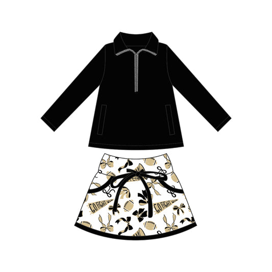 custom moq 3 football item yoga black zipper long sleeve golden cheer bows skorts skirt girls set