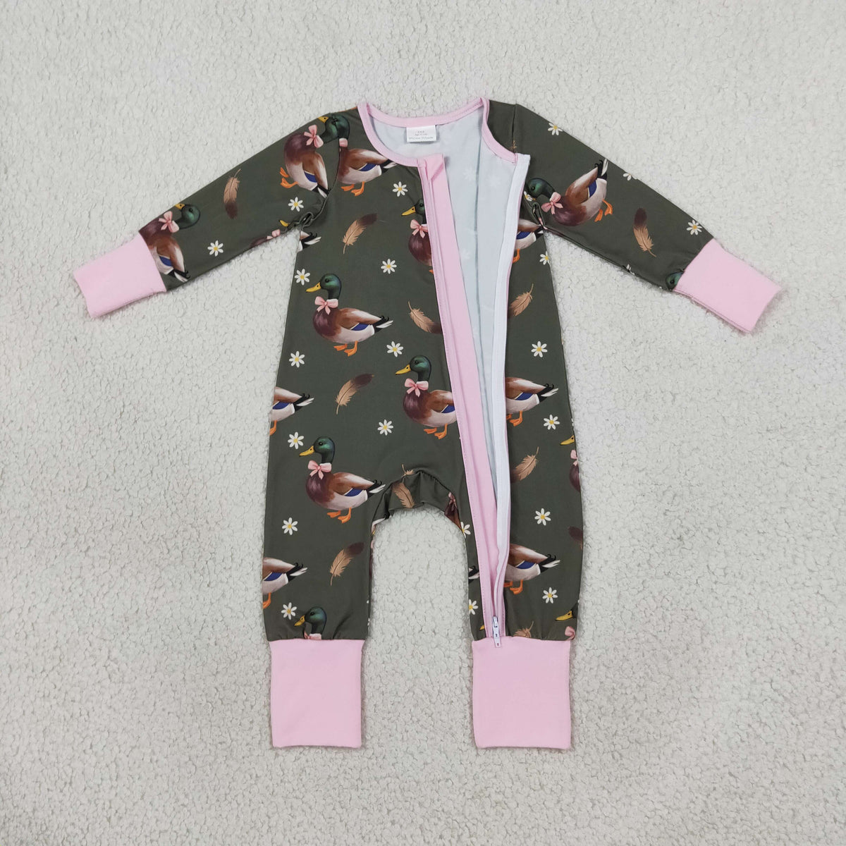 LR3225 Mallard Duck Zipper Long Sleeve Girls Romper