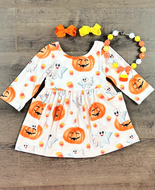 custom Halloween Pumpkin Long Sleeve Girls Dress