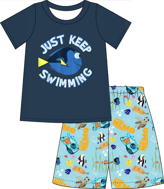 custom style cartoon just keep swimming fishing short sleeve shorts boys set tat 6-8 weeks