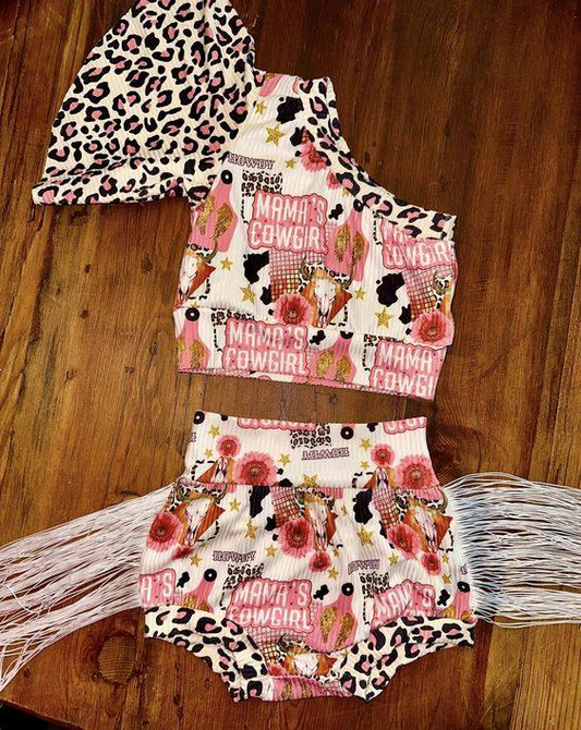 preorder GBO0276 Mamas Cowgirl Cow Flowers Leopard short Sleeve Tassels Girls Bummies Set