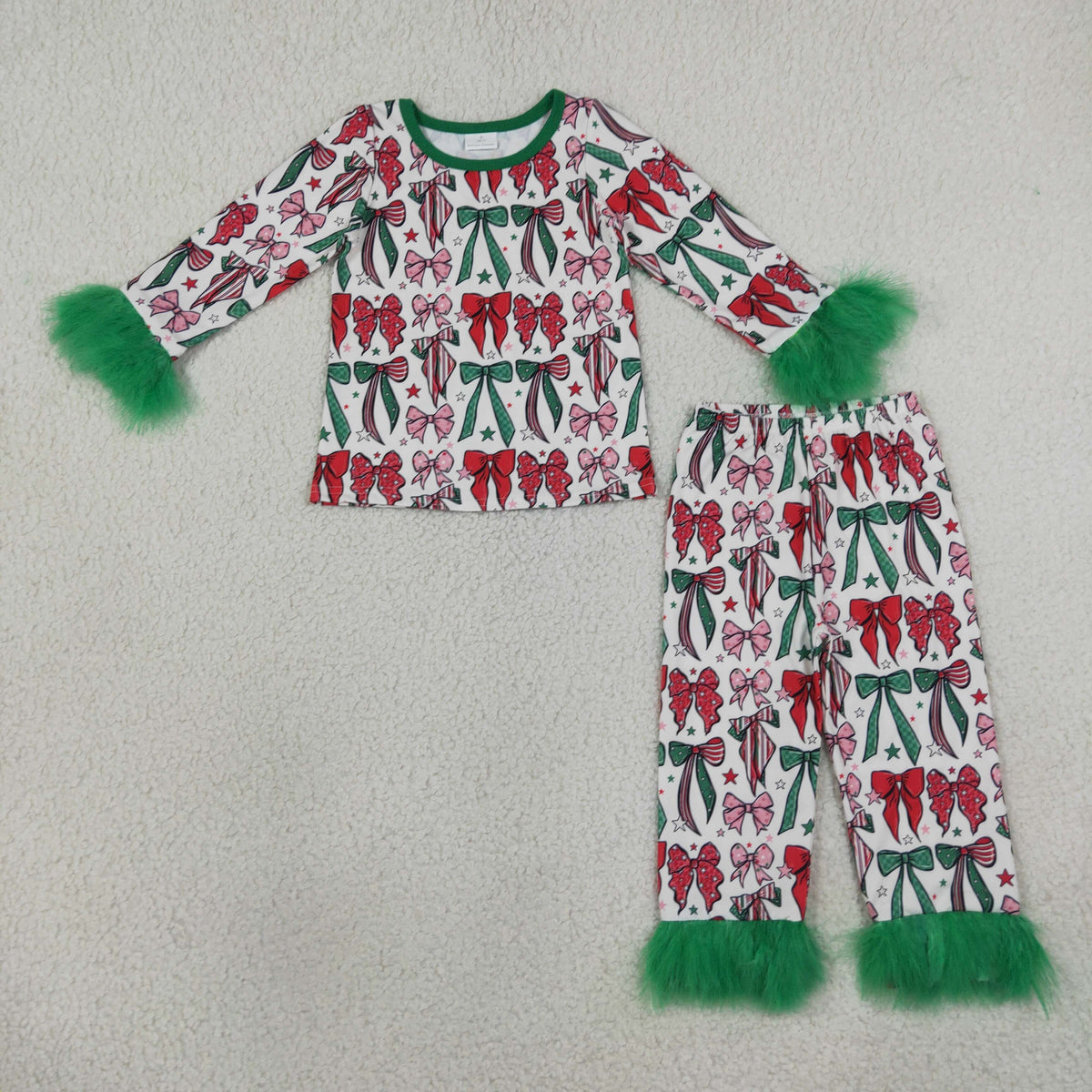 GLP3611 Christmas Bows Green Fur Long Sleeve Pants Girls Pajamas