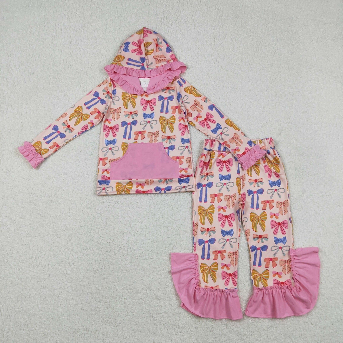 GLP3049 colorful bows pink pocket hoodie long sleeve pants girls set