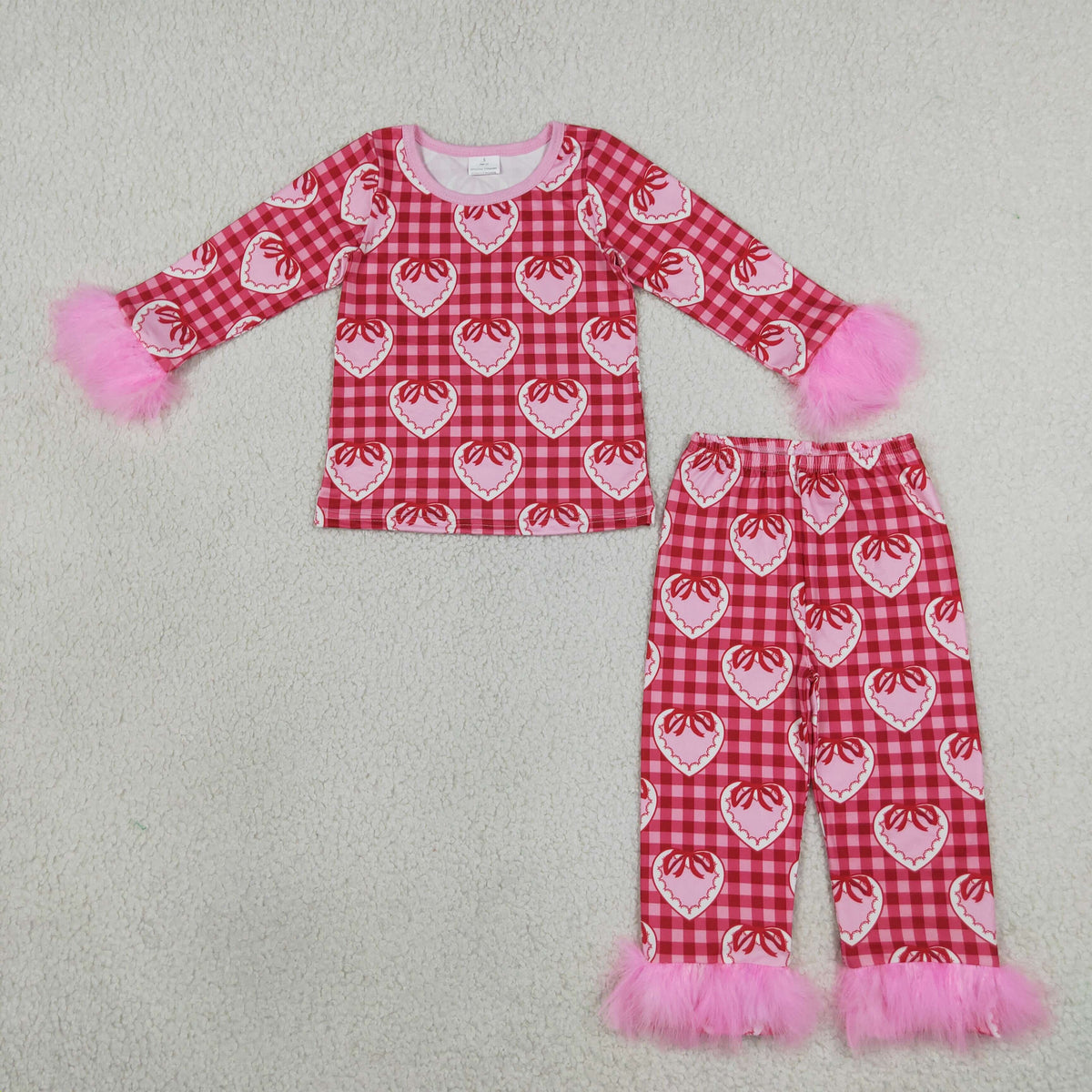 GLP3669 Valentine's Day Heart Red Checkered Long Sleeve Pants Girls Fur Pajamas