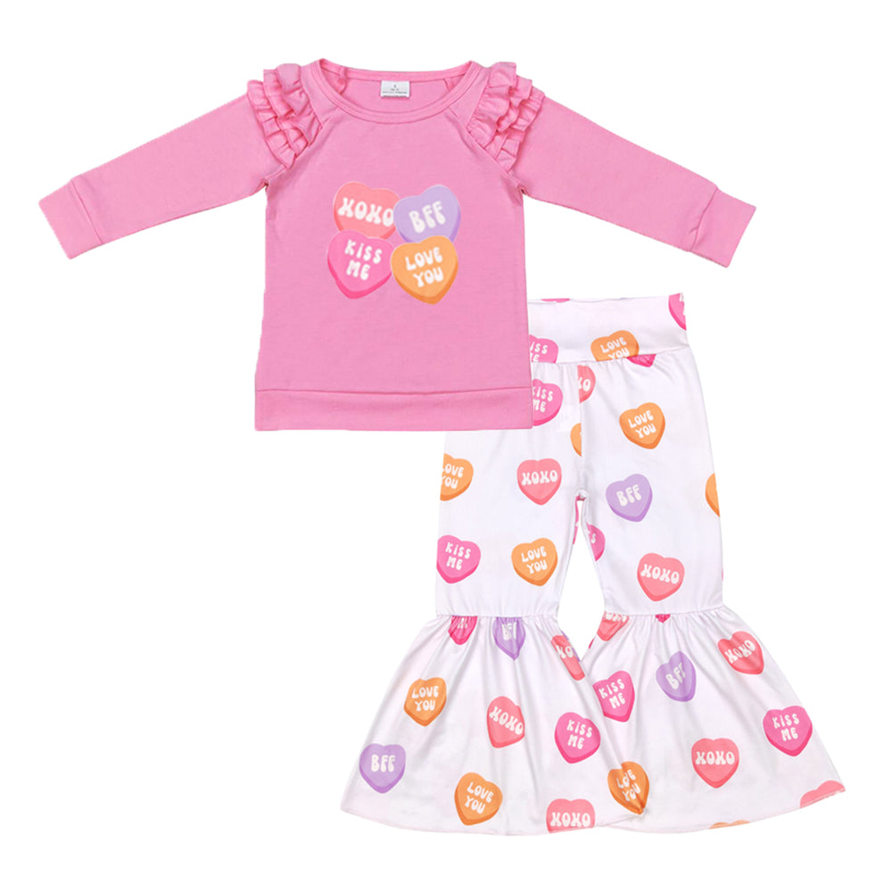 preorder GLP1113 Valentine's Day Love You Hot Pink Long Sleeve Heart Pants Girls Set