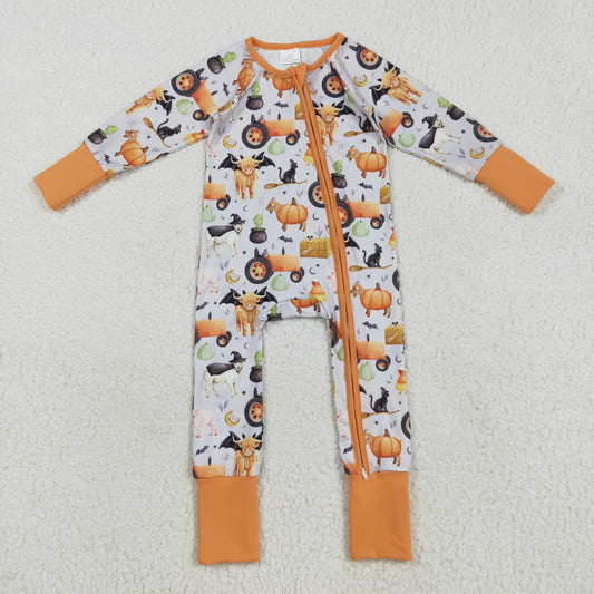 Custom moq 20 bamboo Halloween pumpkin cow tractor animals farm orange zipper long sleeve boys romper