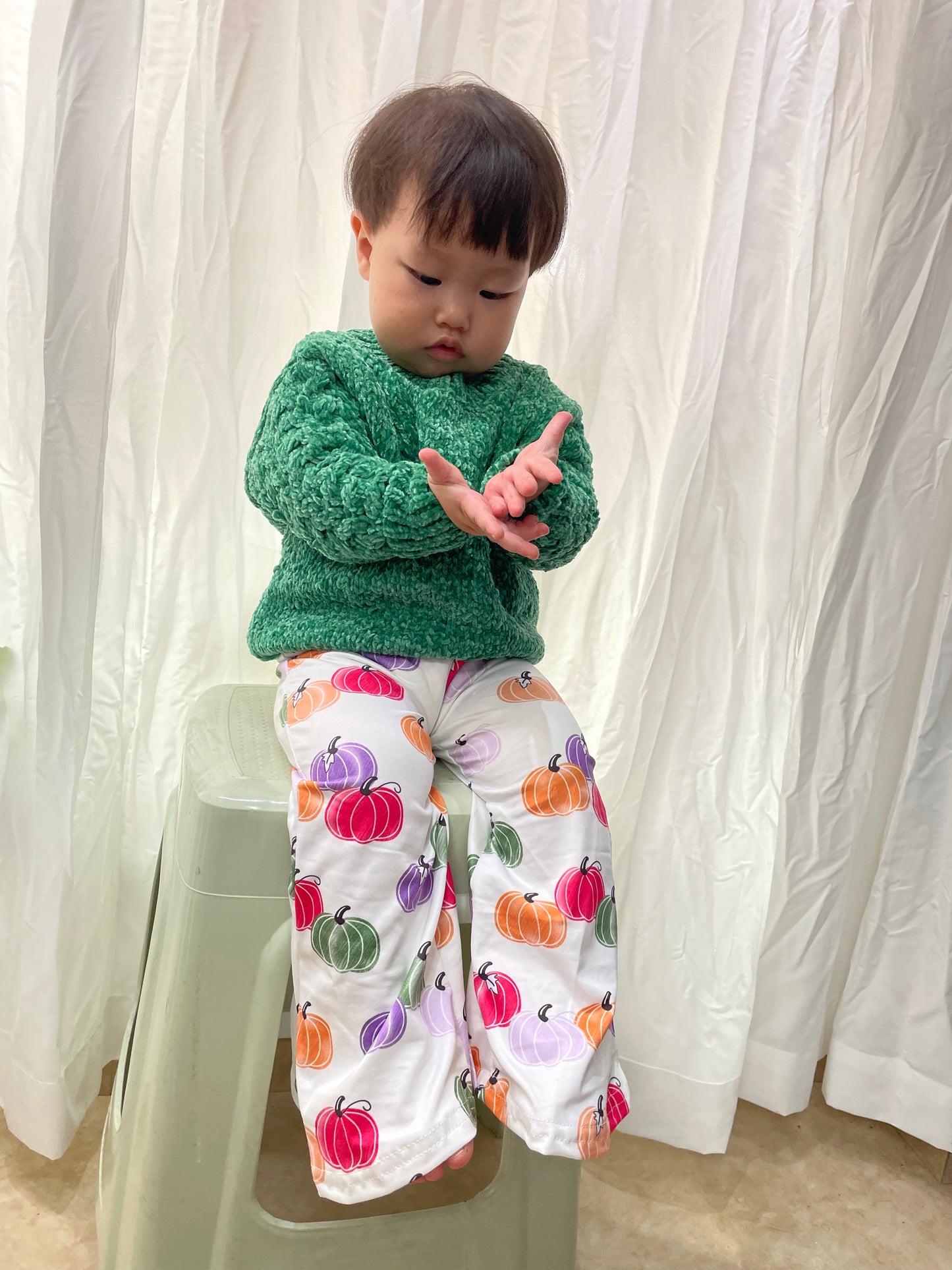 GLP0537 Green sweater long sleeve pumpkin pants girls set