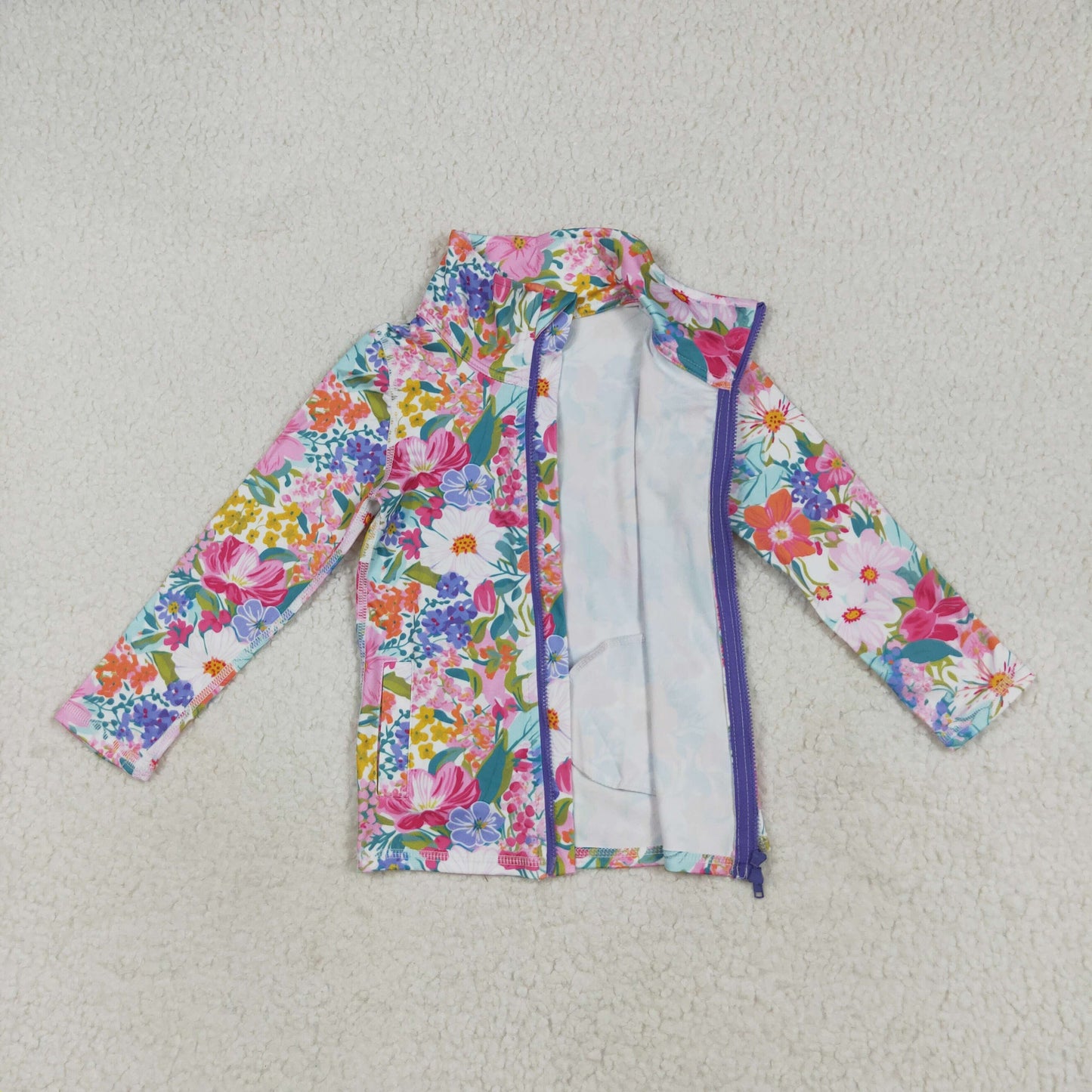 GT1061 yoga colorful flowers purple long sleeve zipper girls coat