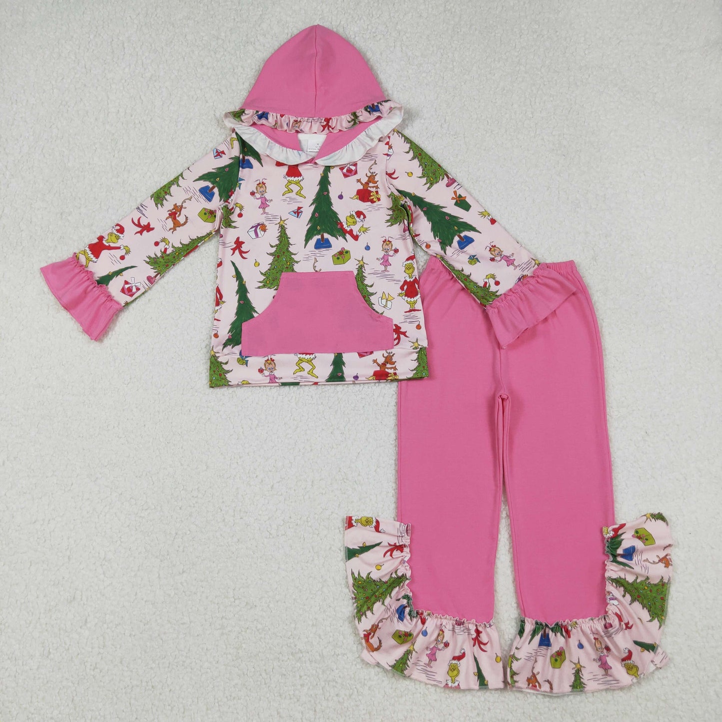 GLP2709 Christmas green face tree pocket hoodie long sleeve hot pink pants girls set