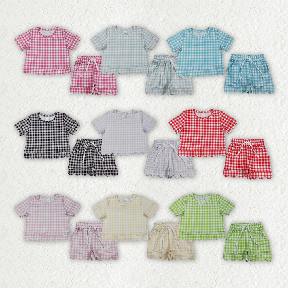 Checkered Scallop Short Sleeve Shorts Girls Set RTS Sibling Clothes