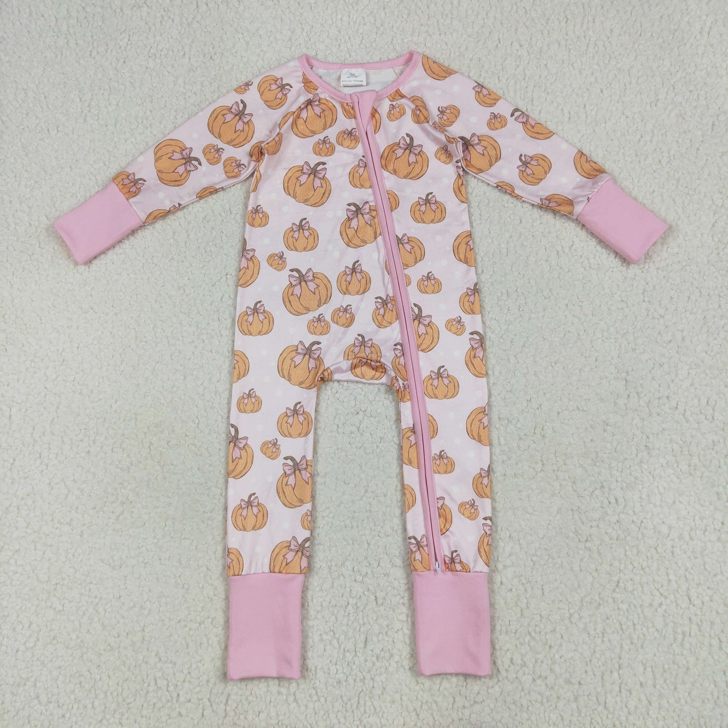 Custom moq 20 bamboo pink bows pumpkin long sleeve zipper girls romper