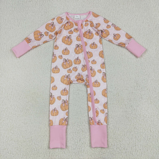 Custom moq 20 bamboo pink bows pumpkin long sleeve zipper girls romper
