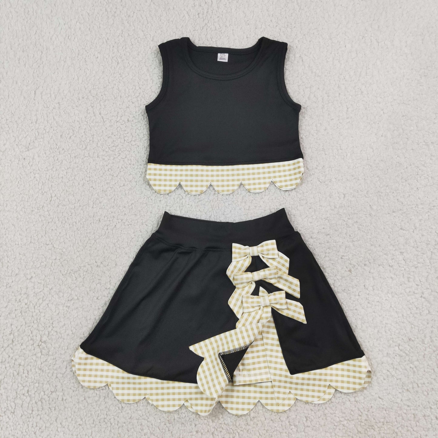 GSD4175 Yoga Scallop Black Sleeveless Bows Skorts Girls Set