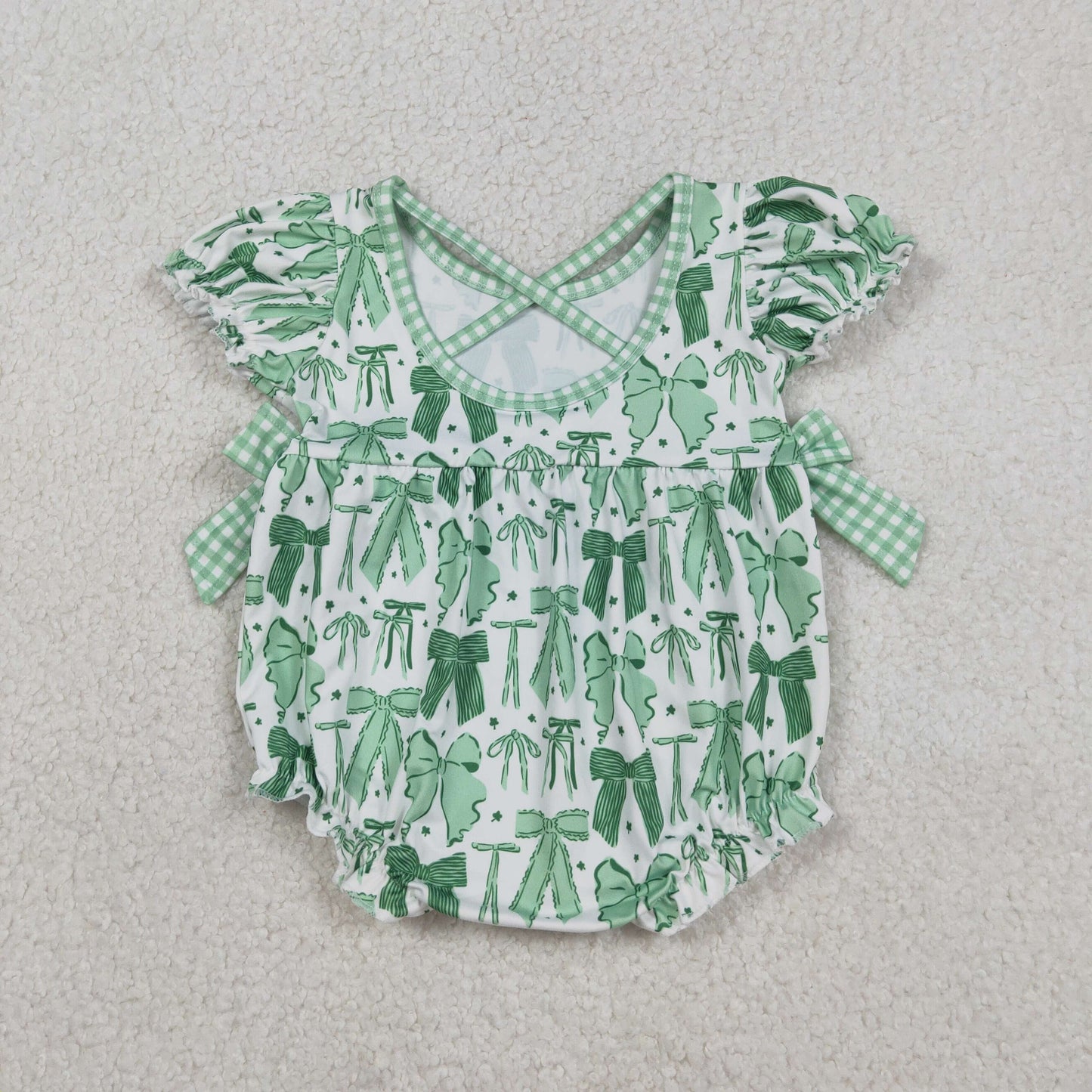 SR3305 St Patrick Green Bows Short Sleeve Girls Romper