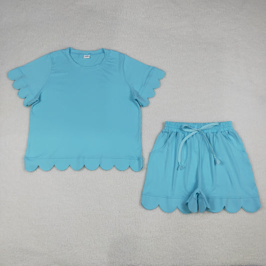 GSSO3208 Scallop Blue Short Sleeve Shorts Adult Women Pajamas
