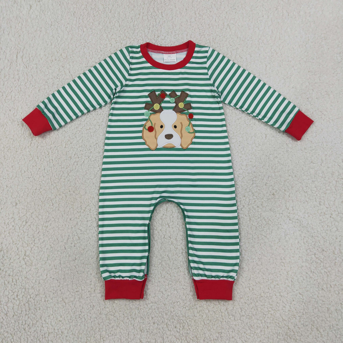 Embroidery LR3146 Christmas Dog Green Striped Long Sleeve Boys Romper