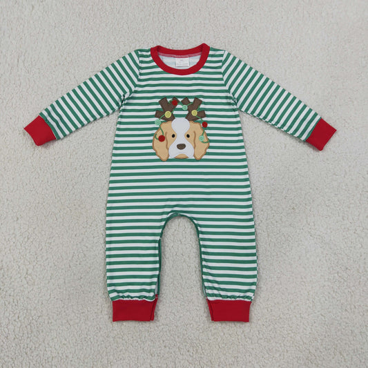 Embroidery LR3146 Christmas Dog Green Striped Long Sleeve Boys Romper