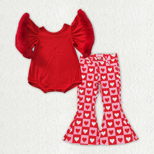 Valentine's Day Red Furry Sleeve Romper Heart Checkered Jeans Baby Girls Set