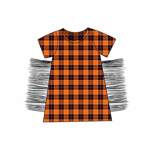 custom Thanksgiving orange brown checkered tassels short sleeve girls dress