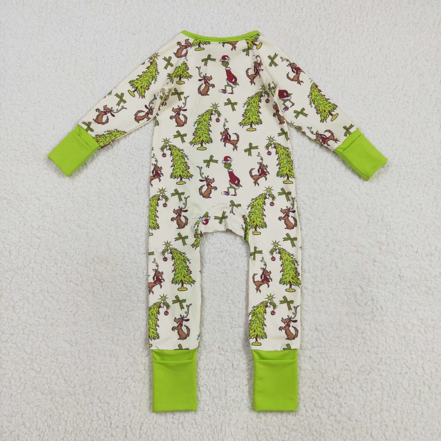 LR2481 Christmas green face dog green zipper long sleeve girls romper