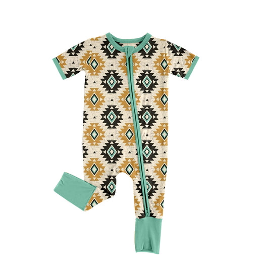 preorder SR0953 Western Aztec Green Zipper Short Sleeve Boys Romper