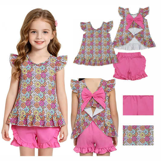 GSSO3353 Colorful Flowers Flutter Sleeve With Bow Pink Shorts Girls Set