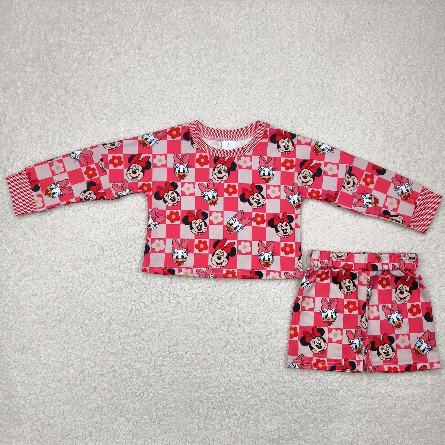 GLS0010 cartoon M red pink checkered flowers long sleeve shorts girls set
