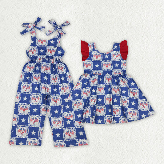 July 4th Flag Bow Blue Jumpsuits/Dress  RTS Sibling Clothes