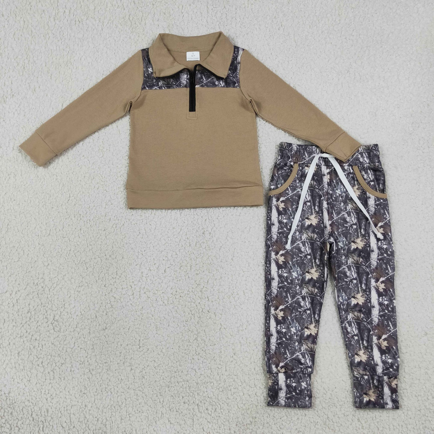 BLP1446 Hunting Camo Grey Zipper Long Sleeve Pants Boys Set