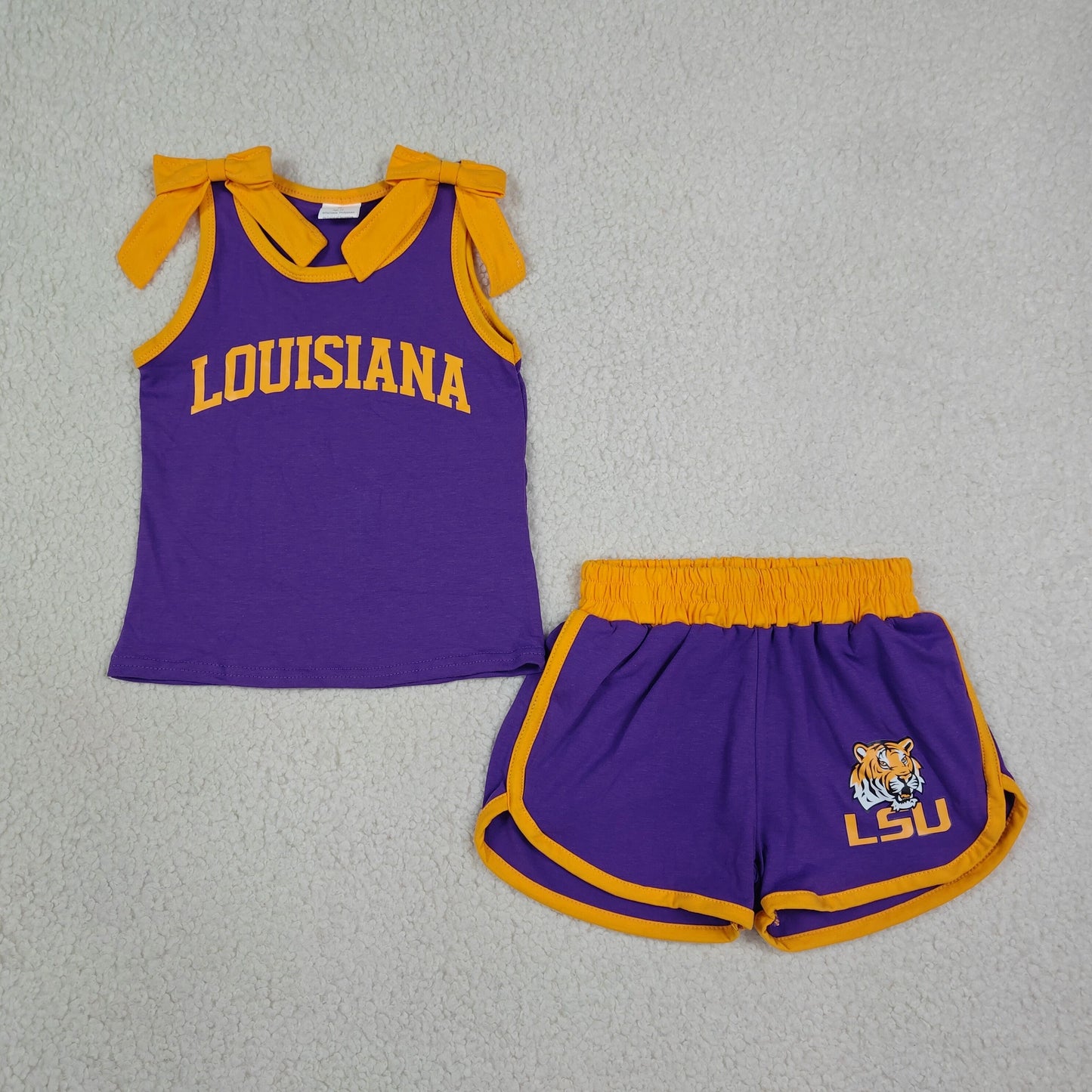 GSSO3832 Invy LOUISIANA Purple & Orange Bows Sleeveless Shorts Girls Set