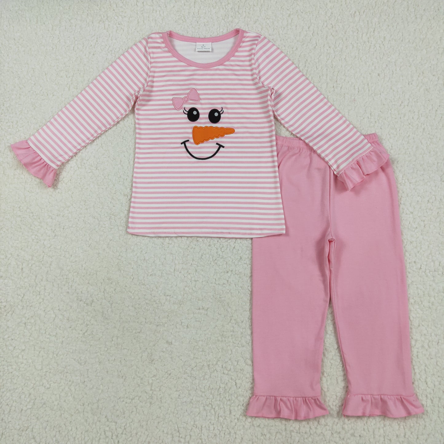 embroidery GLP2520 Christmas snowman bow pink striped long sleeve pink pants girls set