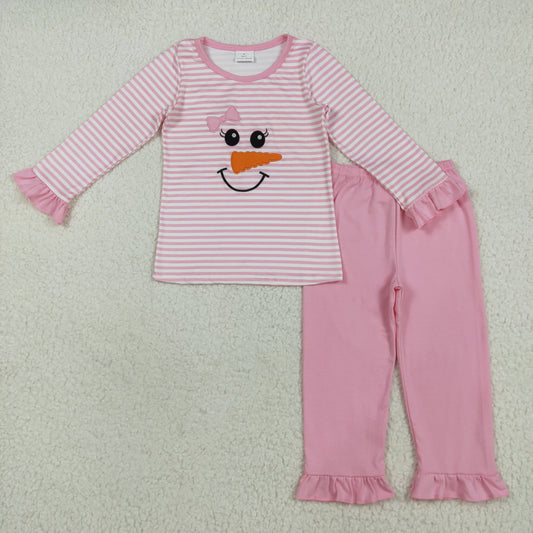 embroidery GLP2520 Christmas snowman bow pink striped long sleeve pink pants girls set
