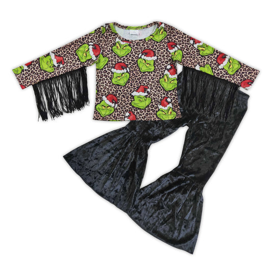 GLP0600 Christmas Green Face Leopard Top Black Velvet Pants Girls Set
