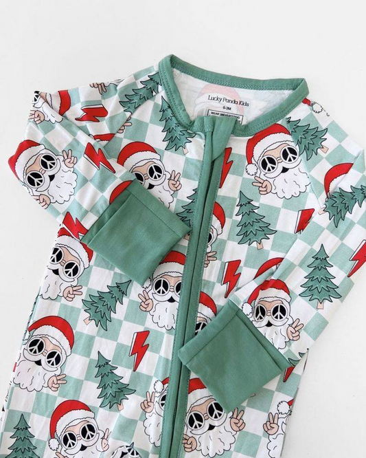 preorder LR1795 Christmas Santa tree green checkered long sleeve zipper boys romper