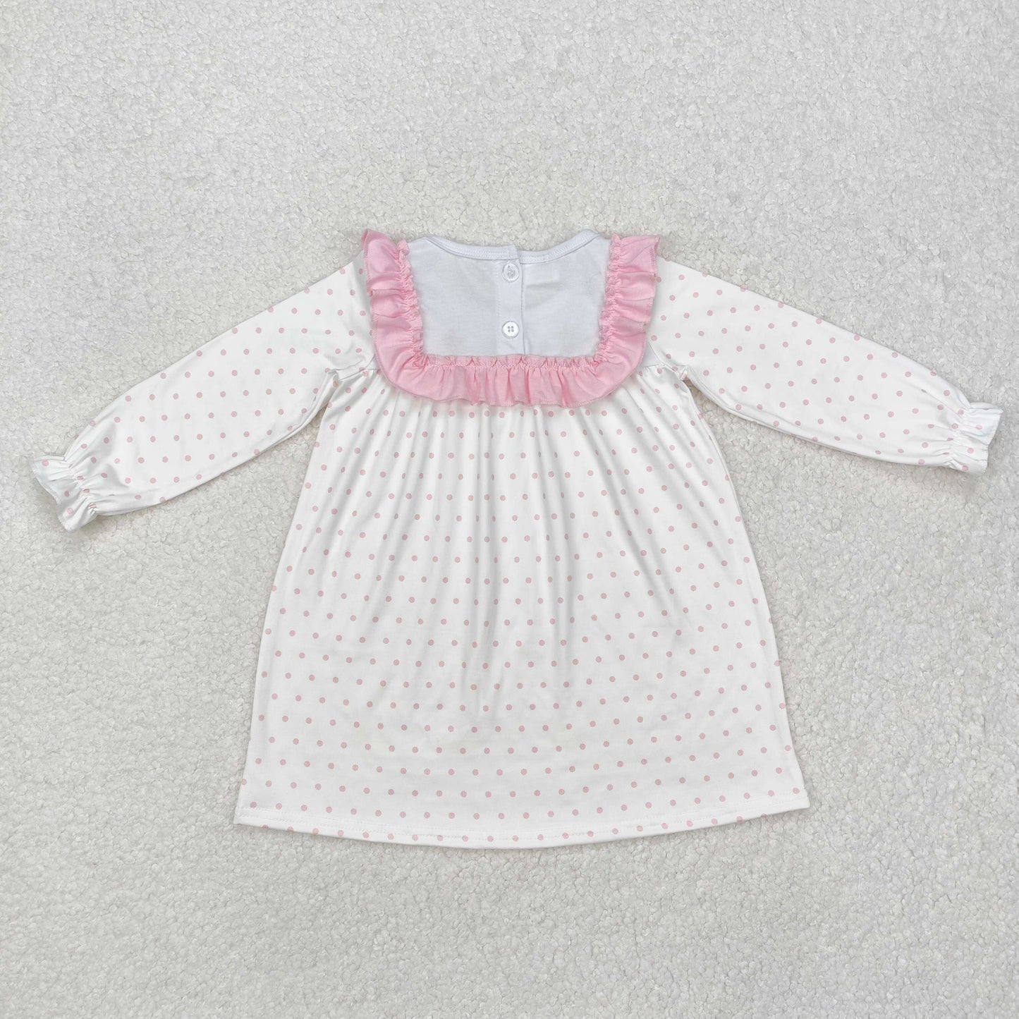 embroidery GLD0981 Easter cross pink dot ruffles long sleeve girls dress