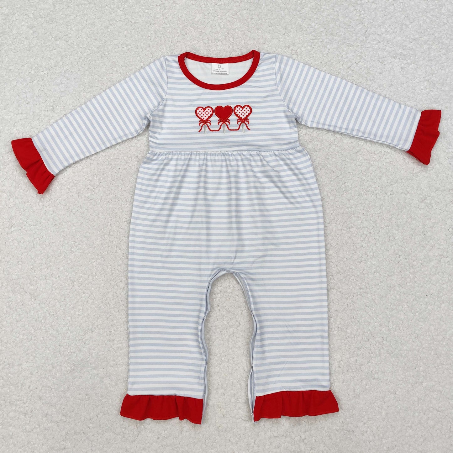 embroidery LR1925 Valentine Day cute heart striped long sleeve girls romper