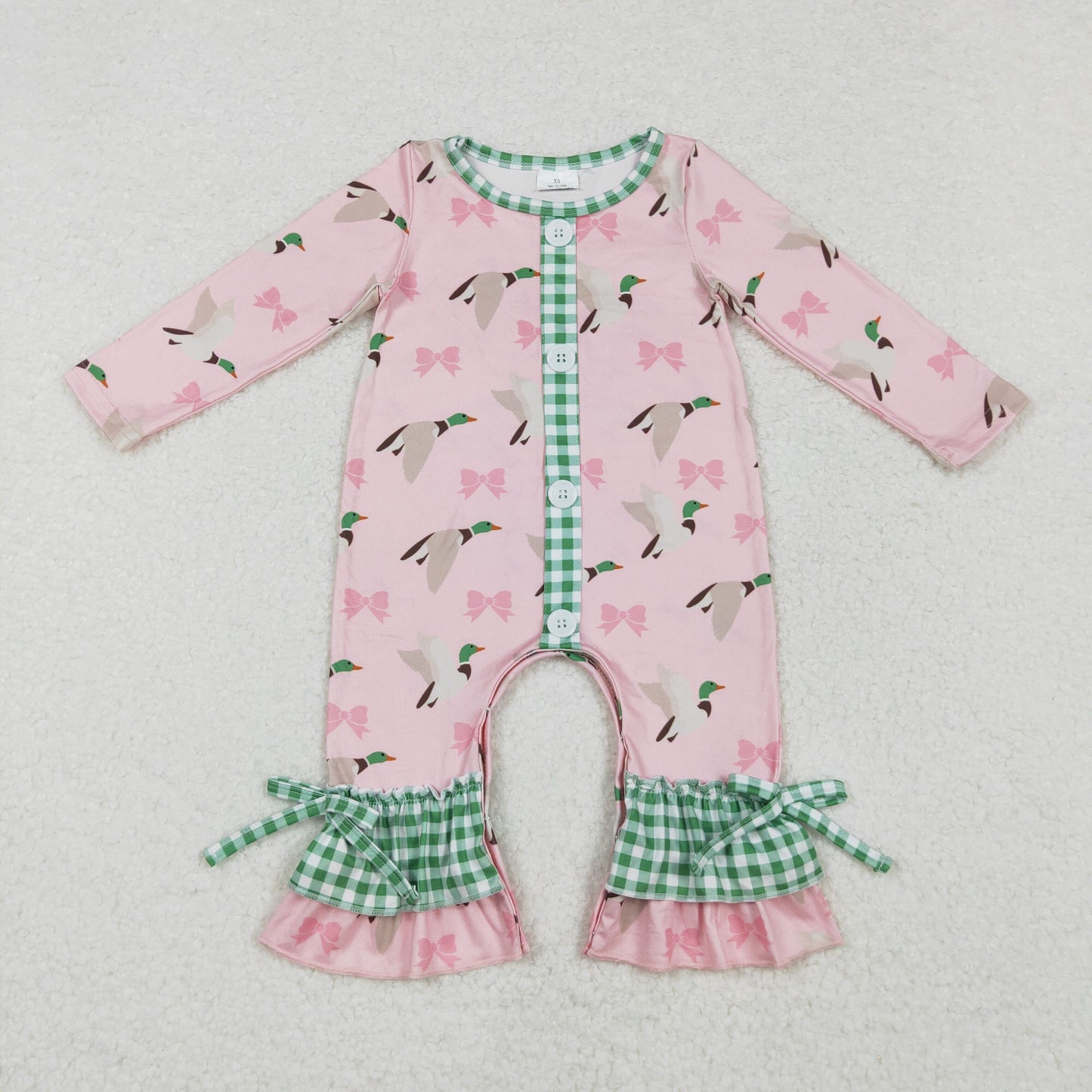 LR1689 hunting mallard pink bow long sleeve girls romper