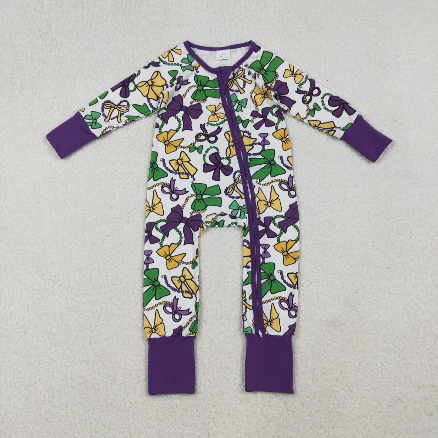 LR2678 Mardi Gras yellow green purple bows zipper long sleeve girls romper