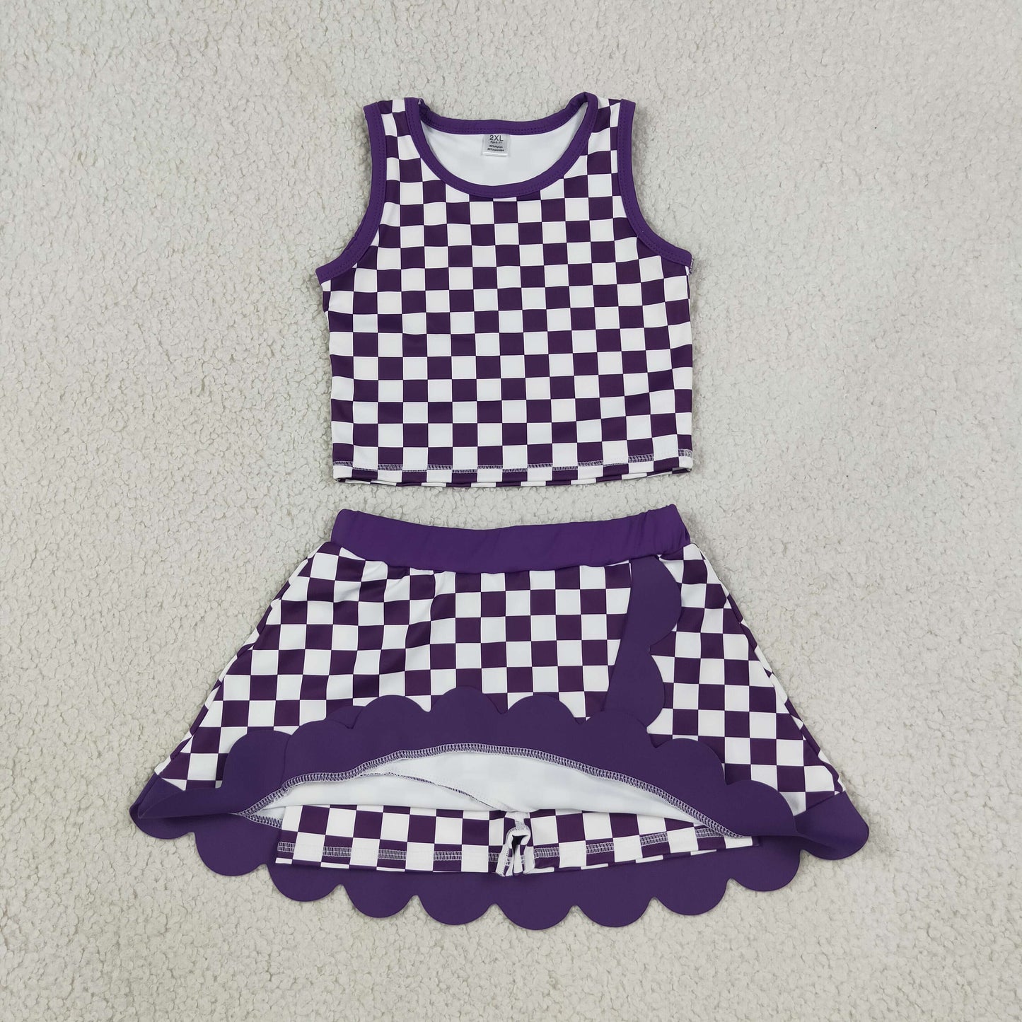 GSD4251 Yoga Purple Checkered Sleeveless Skorts Girls Set