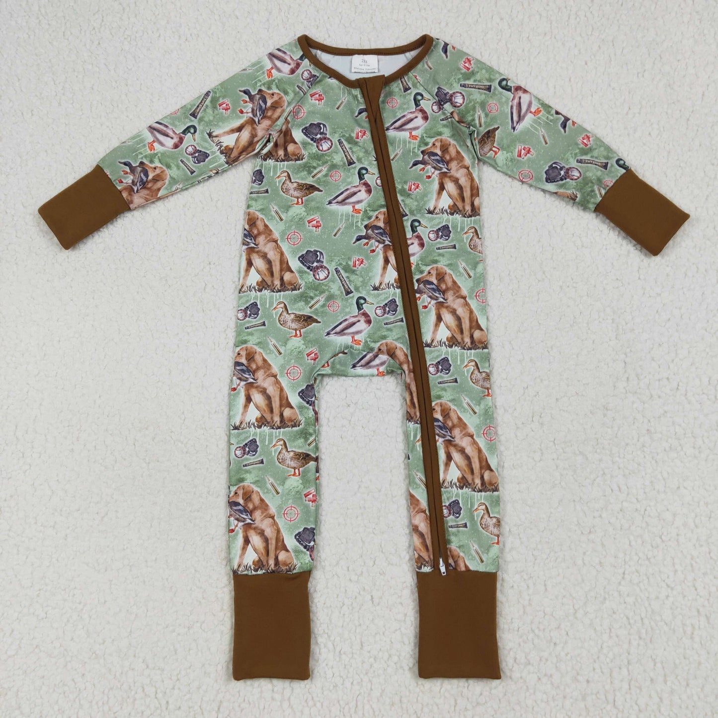 Custom moq 20 bamboo hunting dog mallard duck green long sleeve zipper boys romper