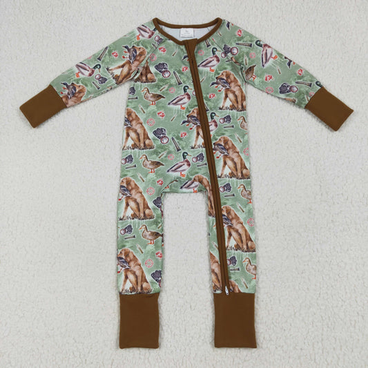 Custom moq 20 bamboo hunting dog mallard duck green long sleeve zipper boys romper