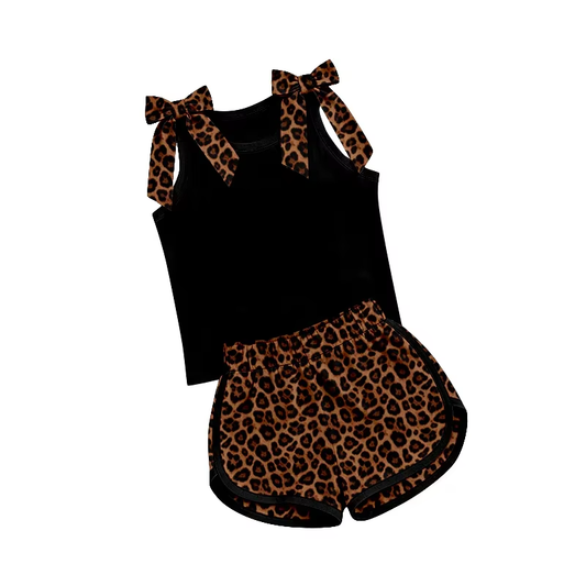 Custom Moq 3 Bows Black Sleeveless Leoaprd Shorts Girls Set