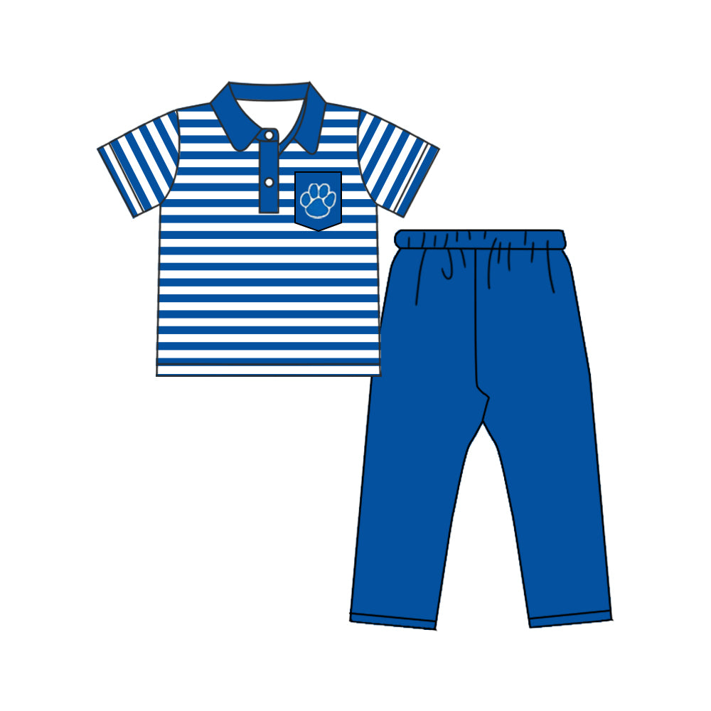 custom style football team UK dog's pow striped short sleeve blue pants boys set