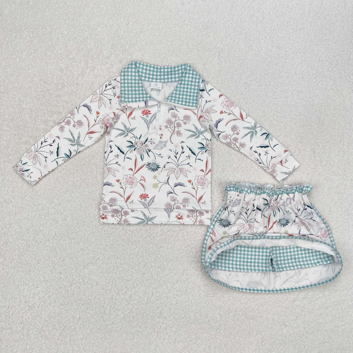 GLD0973 flowers checkered long sleeve skirt girls set