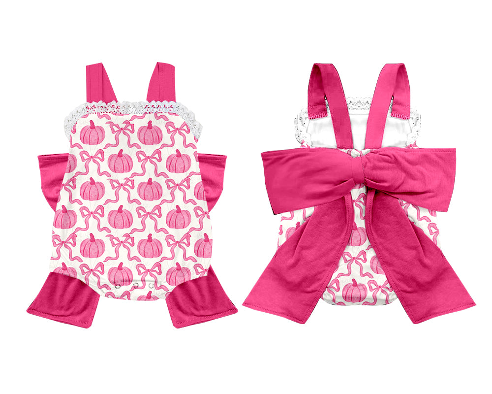 custom style on October we wear pink pumpkin with bow romper