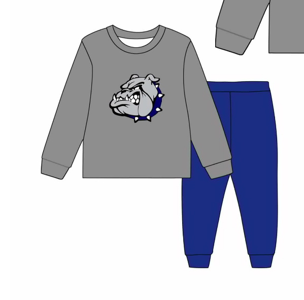 MOQ 3 Custom Football Bulldogs Grey Long Sleeve Blue Pants Boys Set