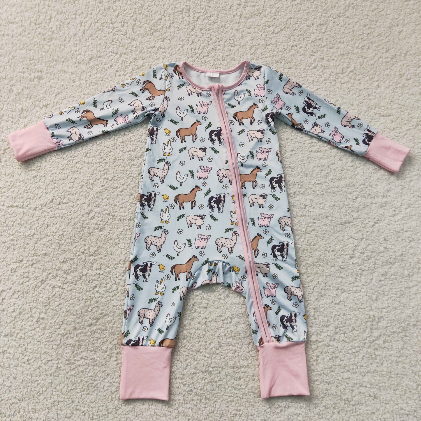 LR2401 Farm Animals Pink Zipper Long Sleeve Girls Romper