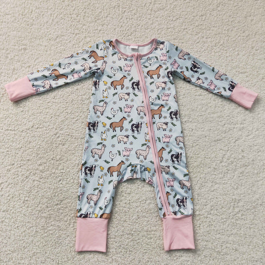 LR2401 Farm Animals Pink Zipper Long Sleeve Girls Romper