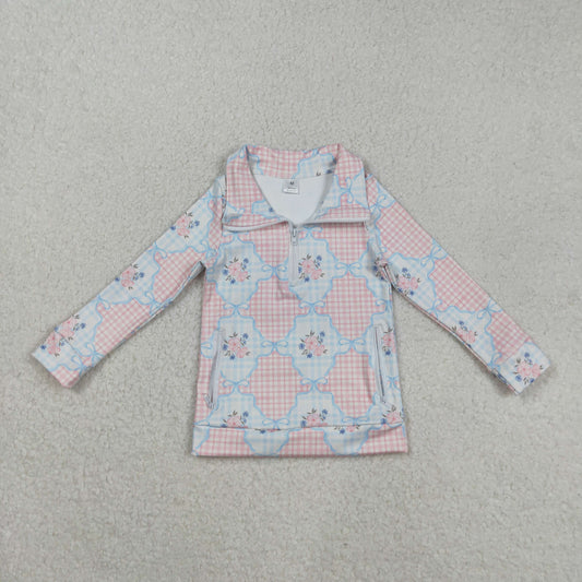 GT1062 yoga pink flowers checkered long sleeve zipper girls top