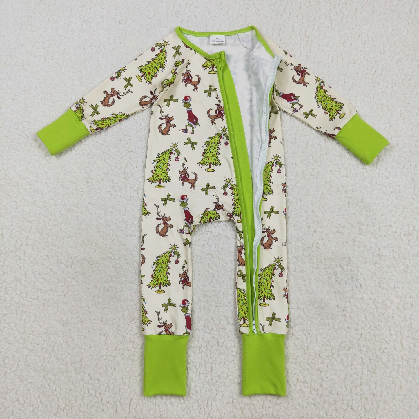 LR2481 Christmas green face dog green zipper long sleeve girls romper